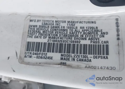 2003 Toyota Corolla S из США, поврежденный, VIN 2T1BR32E83C108692